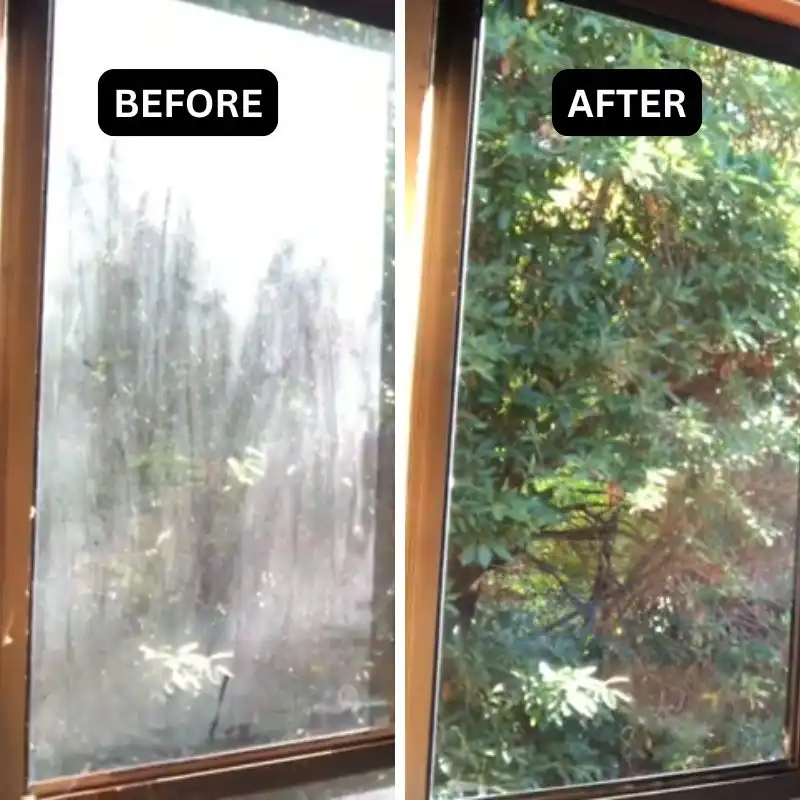 Hard water mineral deposits removed from window glass