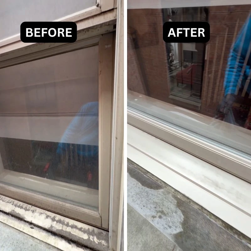 Before and after screen and track restoration, San Clemente window