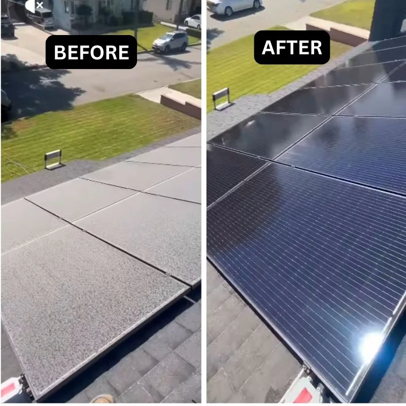 Rooftop solar panel array before and after cleaning